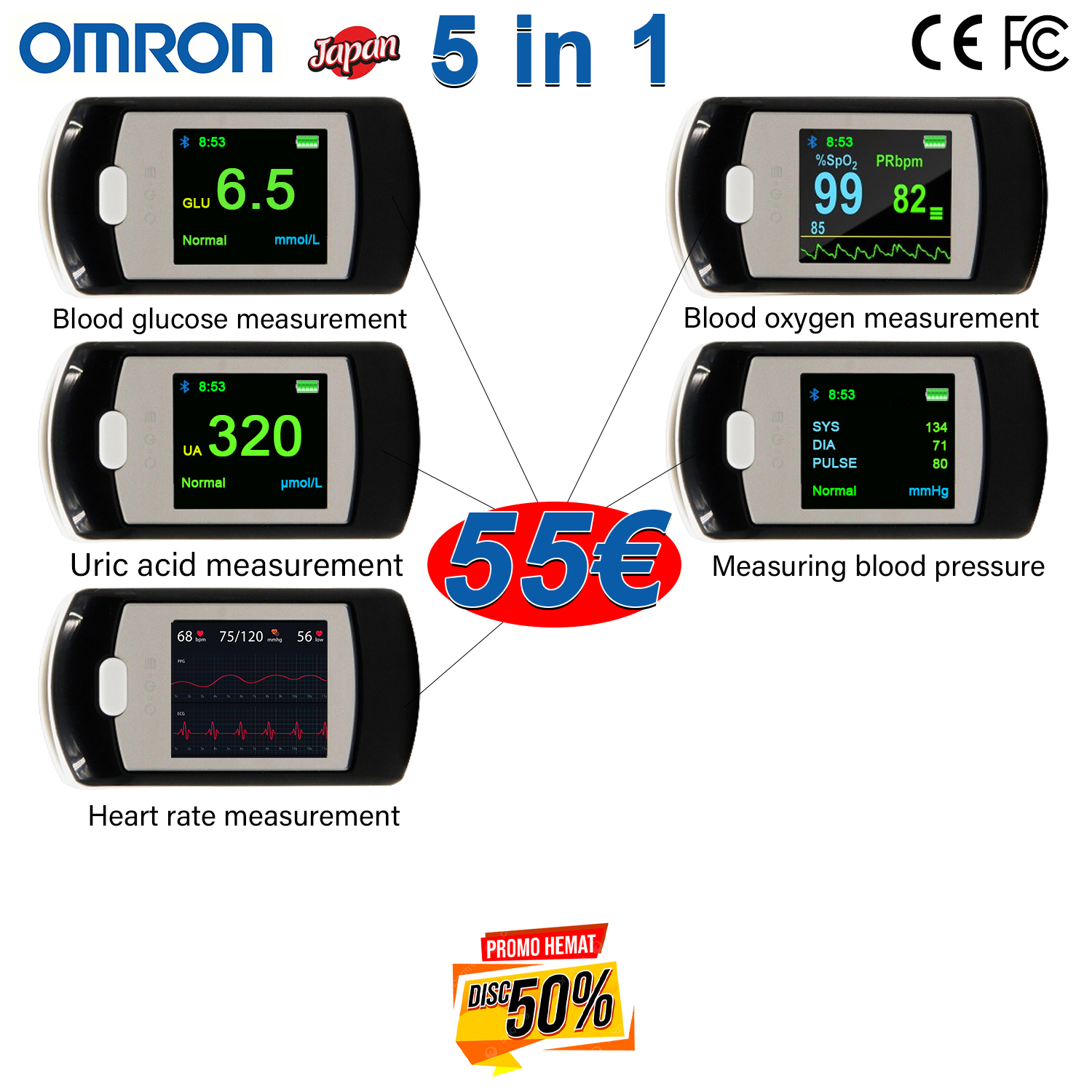 T02 (glucemia no invasiva + oxígeno en sangre no invasivo + ácido úrico no invasivo + frecuencia cardíaca no invasiva + presión arterial no invasiva)